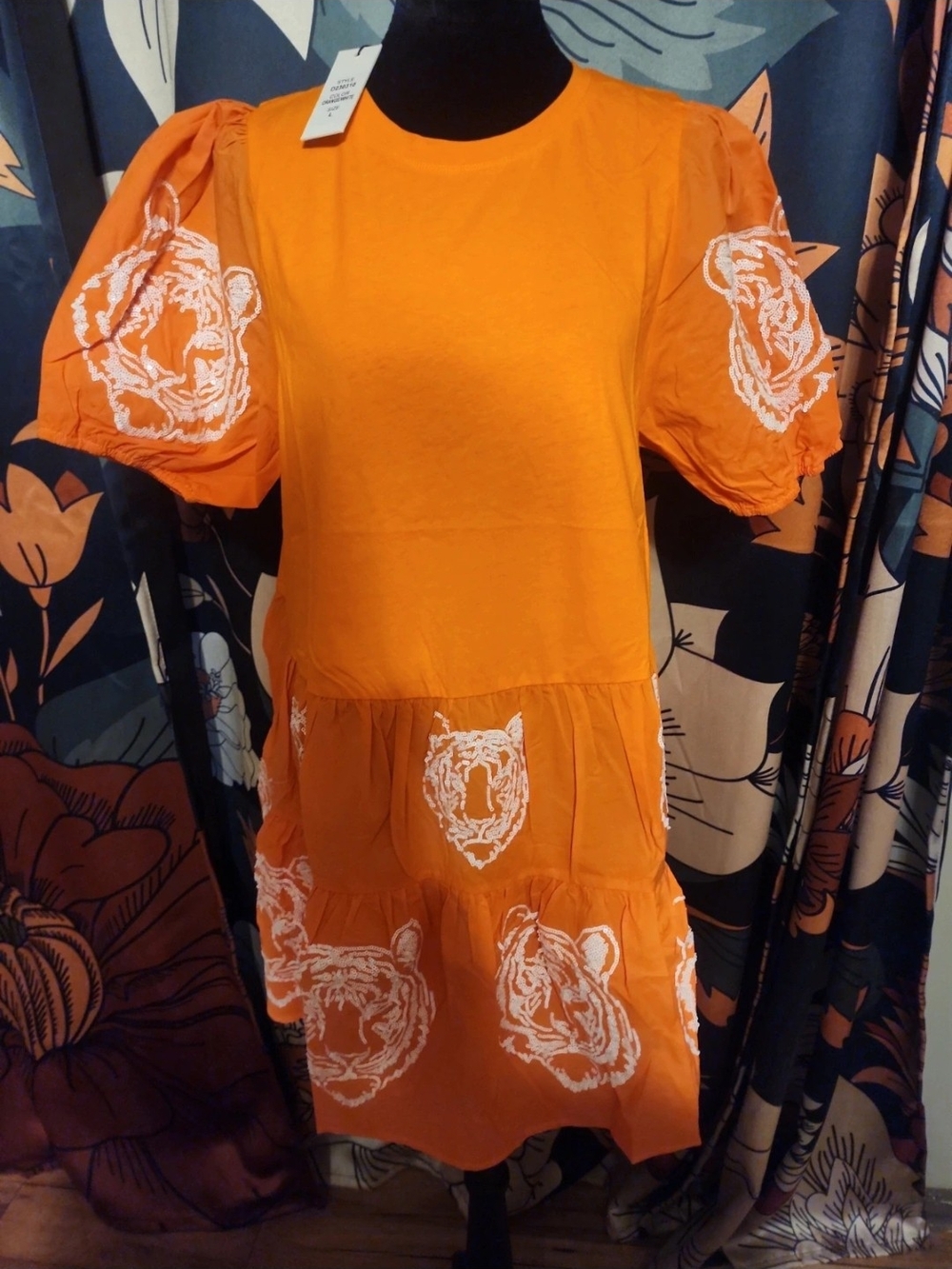 Orange Puff-Sleeve Tiger Print Casual Dress